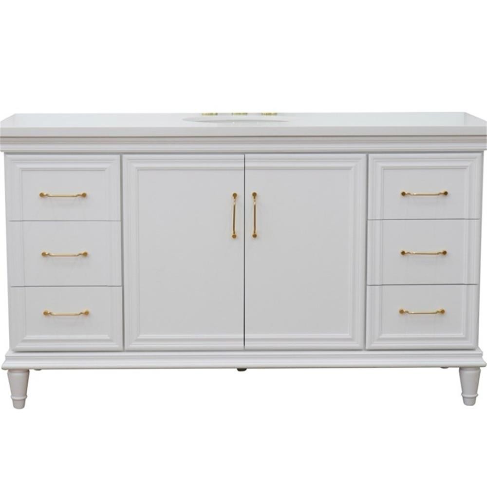 61 in. Single Wooden Vanity White with White Quartz Oval Sink