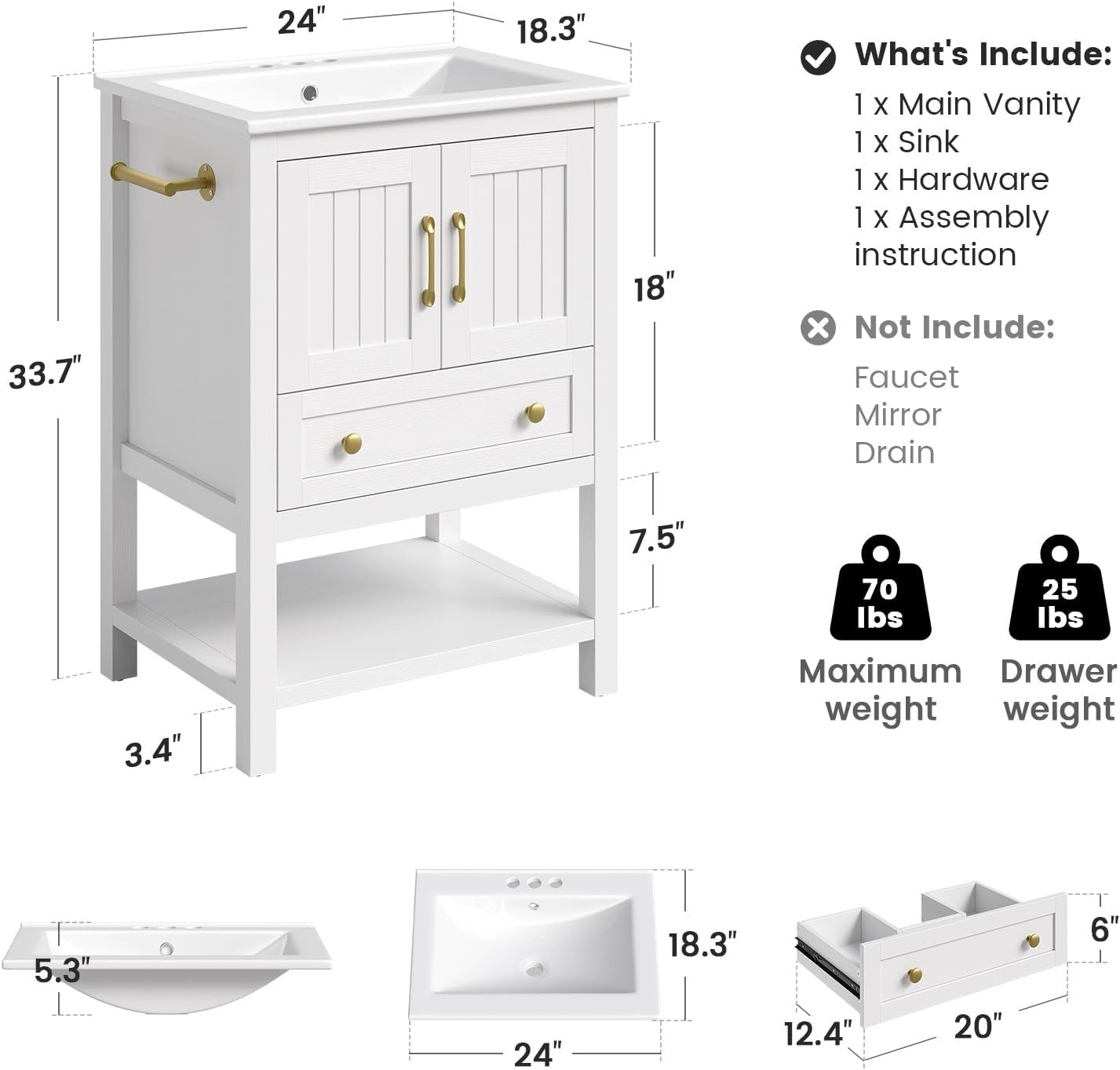 24 Bathroom Vanity with Sink and Towel Holder Modern White