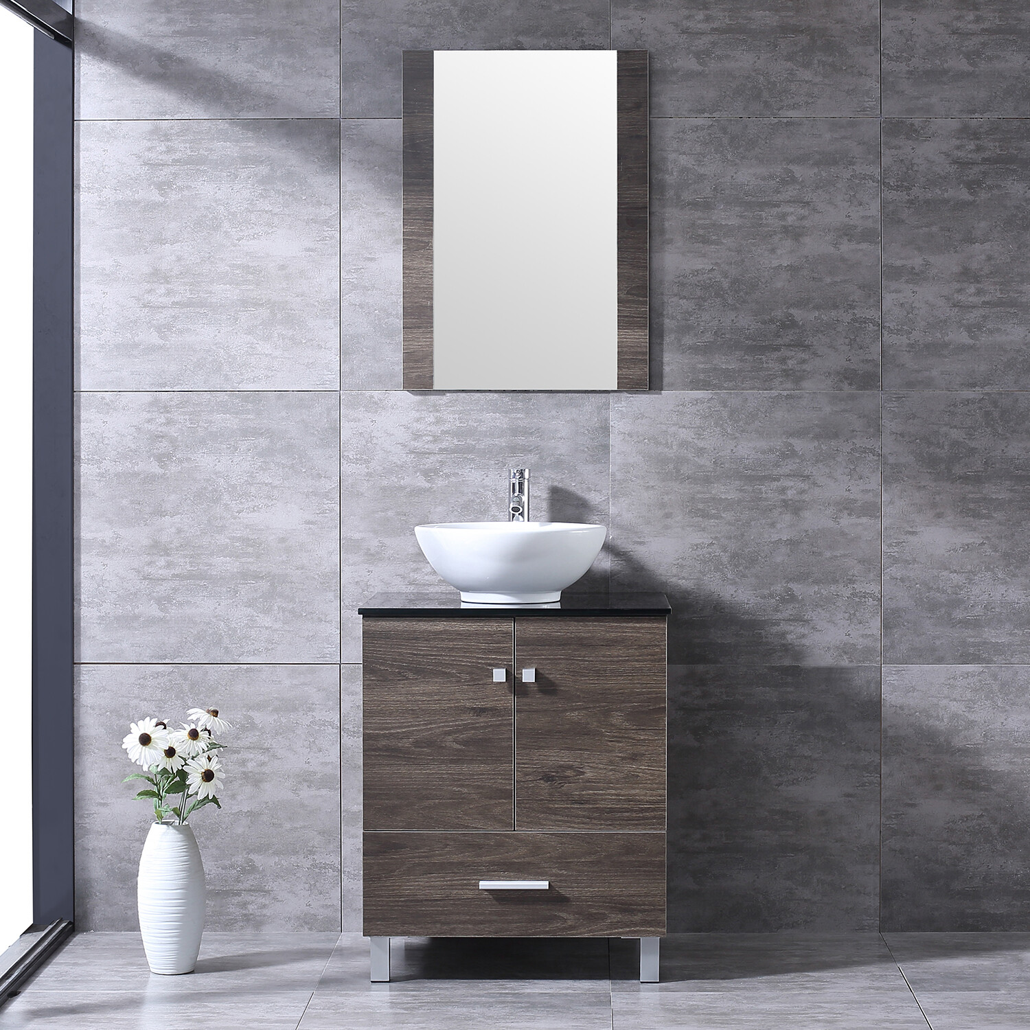24″ Bathroom Vanity Wood Cabinet Ceramic Sink Brown Mirror Combo w/Faucet Drain