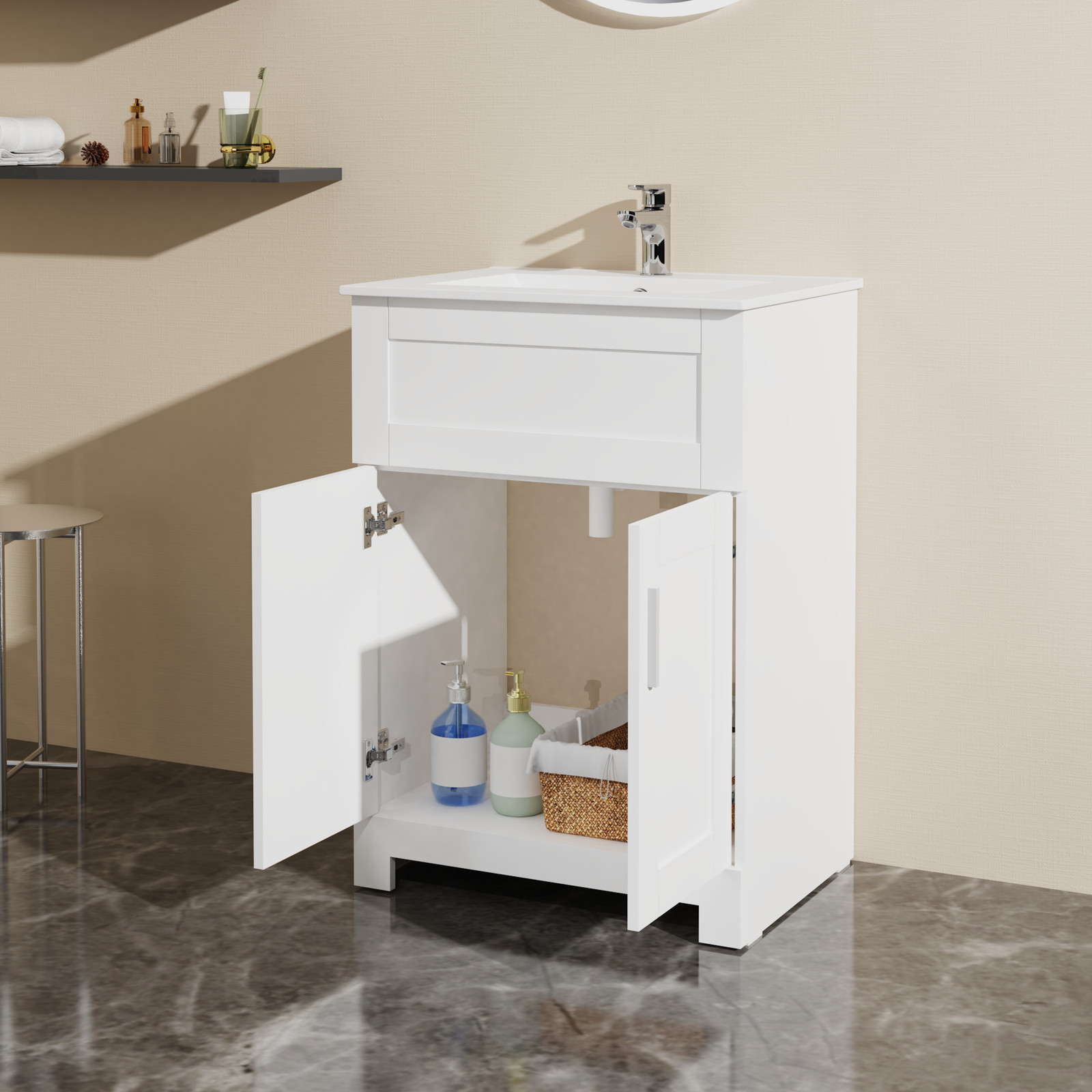 Modern 24″ Sink Bathroom Vanity Laundry Cabinet Combo, White Bathroom Vanity