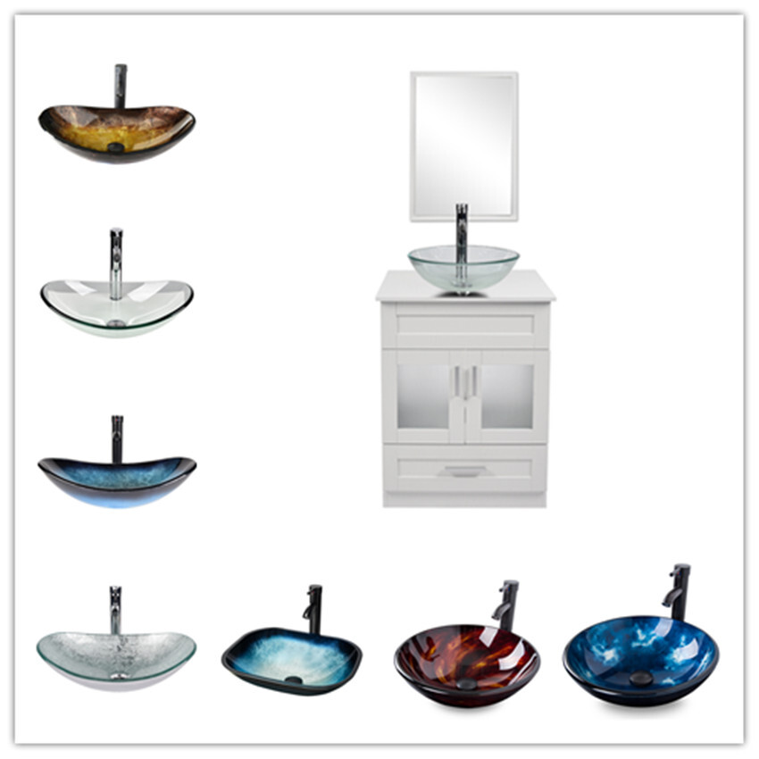 24″ Vanity Bathroom Cabinet w/Mirror & Vessel Sink Basin Bowel Faucet Combo Set