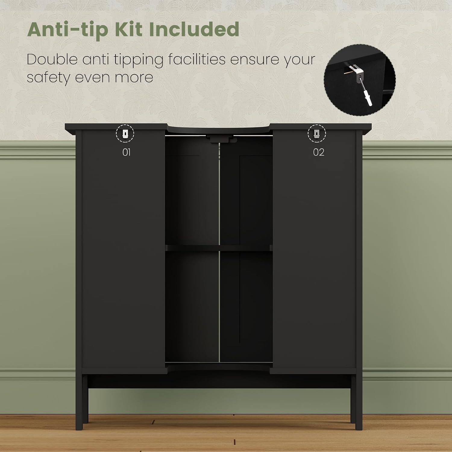 Moisture Resistant U-Shaped Under Sink Cabinet with 2 Doors – Quick Assembly