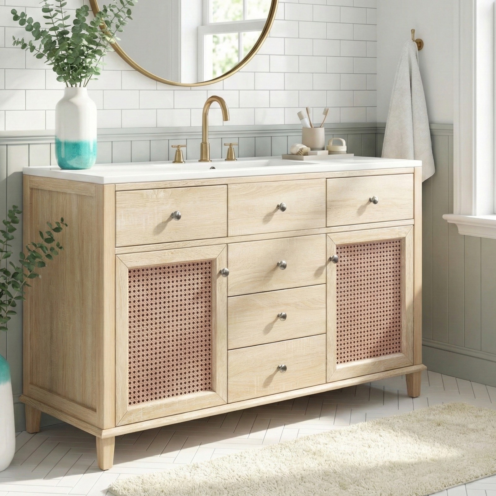 Natural Rattan Bathroom Vanity 48″/2 Cabinets/Sink & Solid Wood Frame Fre Ship
