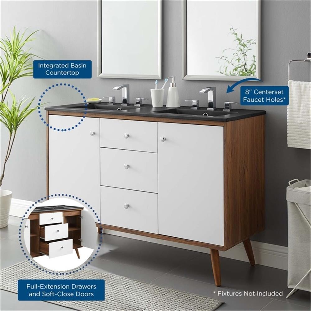 Pemberly Row 47.5″ Modern Wood Double Sink Bathroom Vanity in Walnut/White