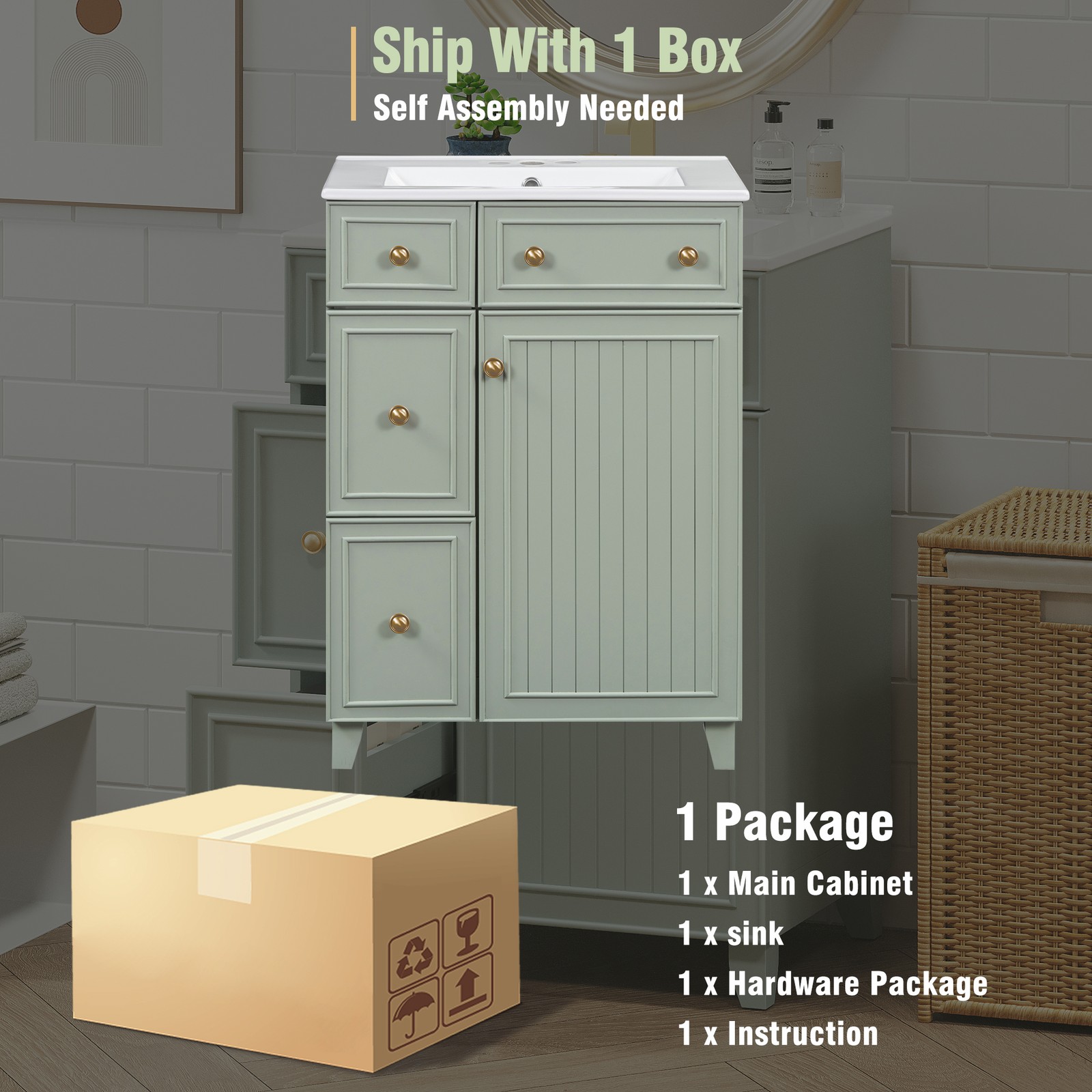 24″ Bathroom Vanity Cabinet with Ceramic Sink, 2 Drawers, 1 Door
