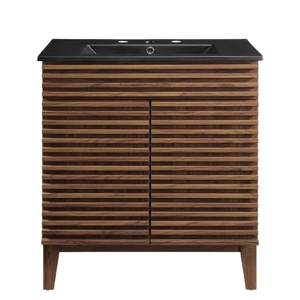 Modway Render 30″ Modern Wood/Ceramic Bathroom Vanity in Walnut/Black