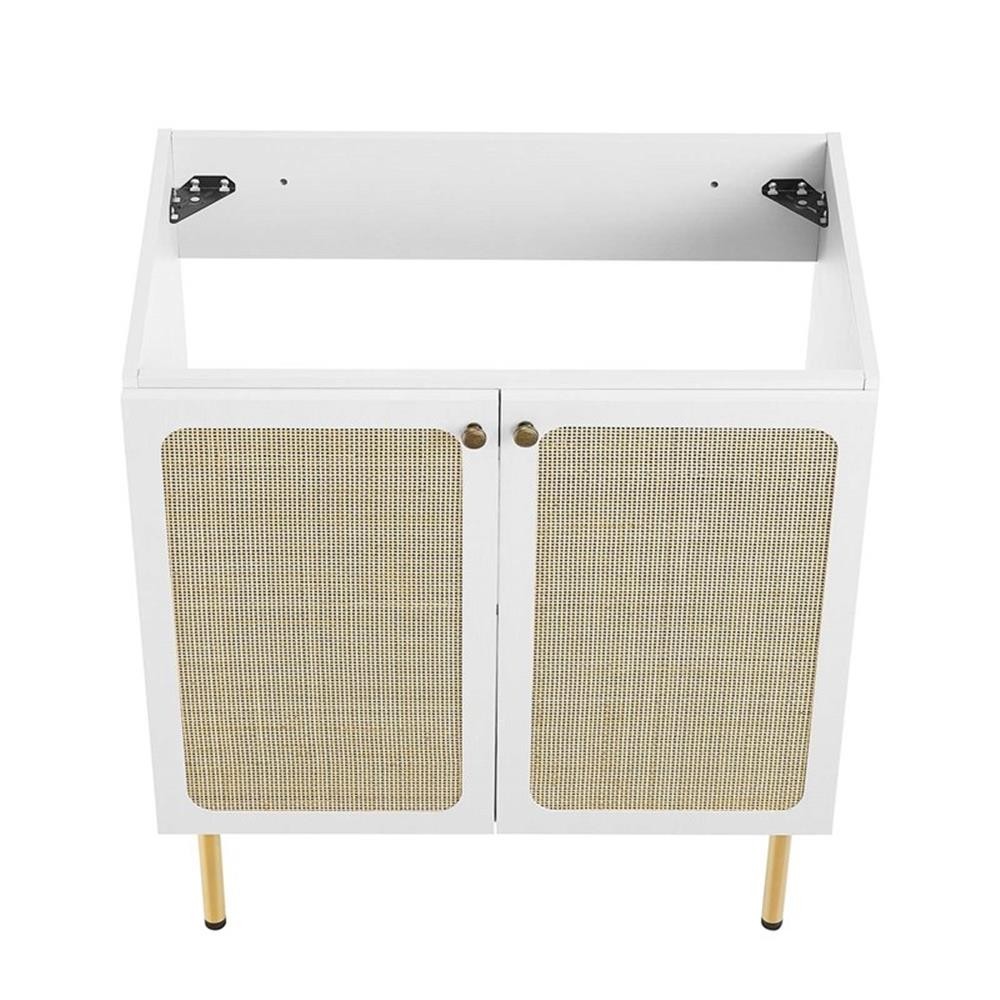 Pemberly Row 30″ Wood & Rattan Bathroom Vanity Cabinet in White