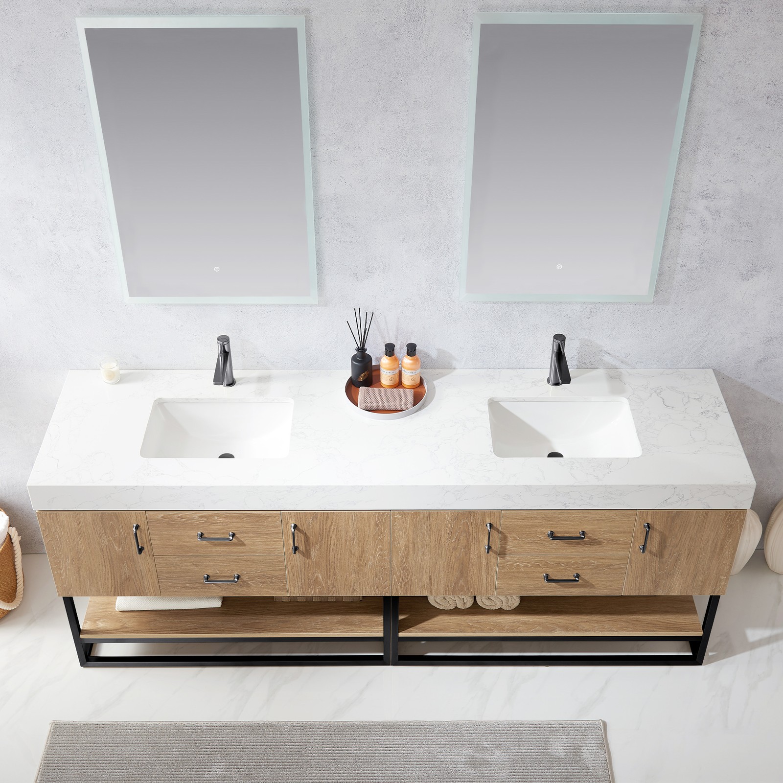 Vinnova Alistair 84″ White Stone Top Oak Double Vanity Black Frame w/o Mirror