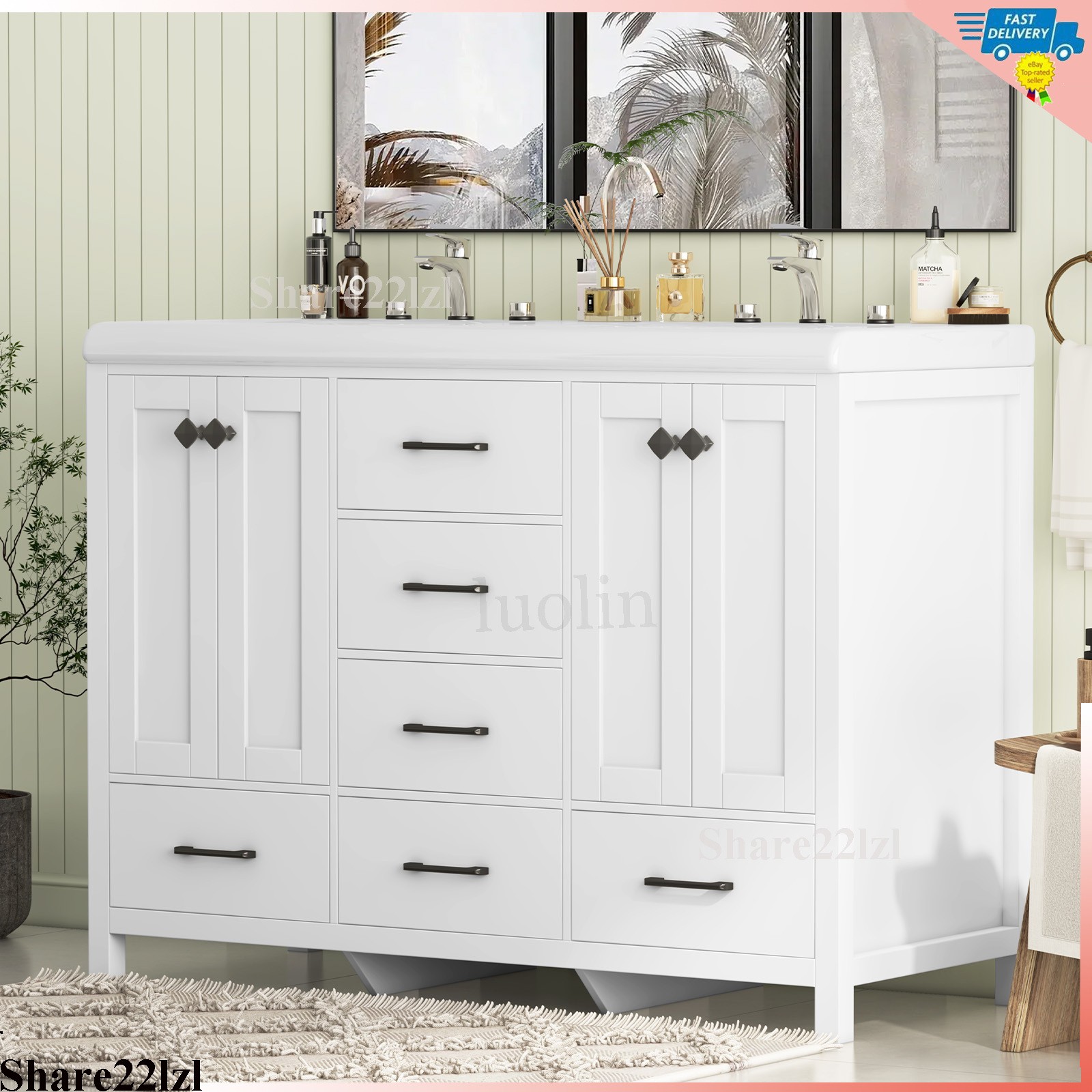 47″ Double Bathroom Vanity Wood Cabinet with Ceramic Sink Combo Set Freestanding