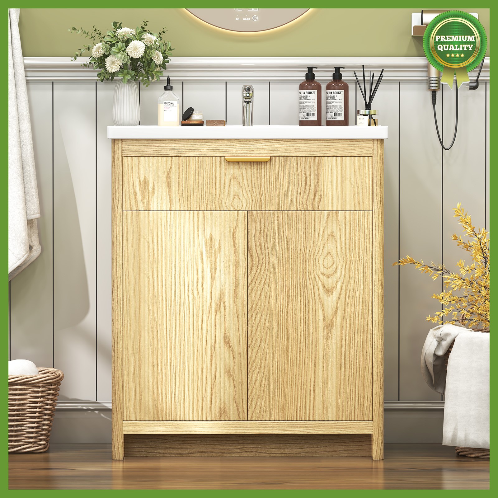 31″ Wooden Freestanding Bathroom Vanity Storage Cabinet & Ceramic Sink Modern