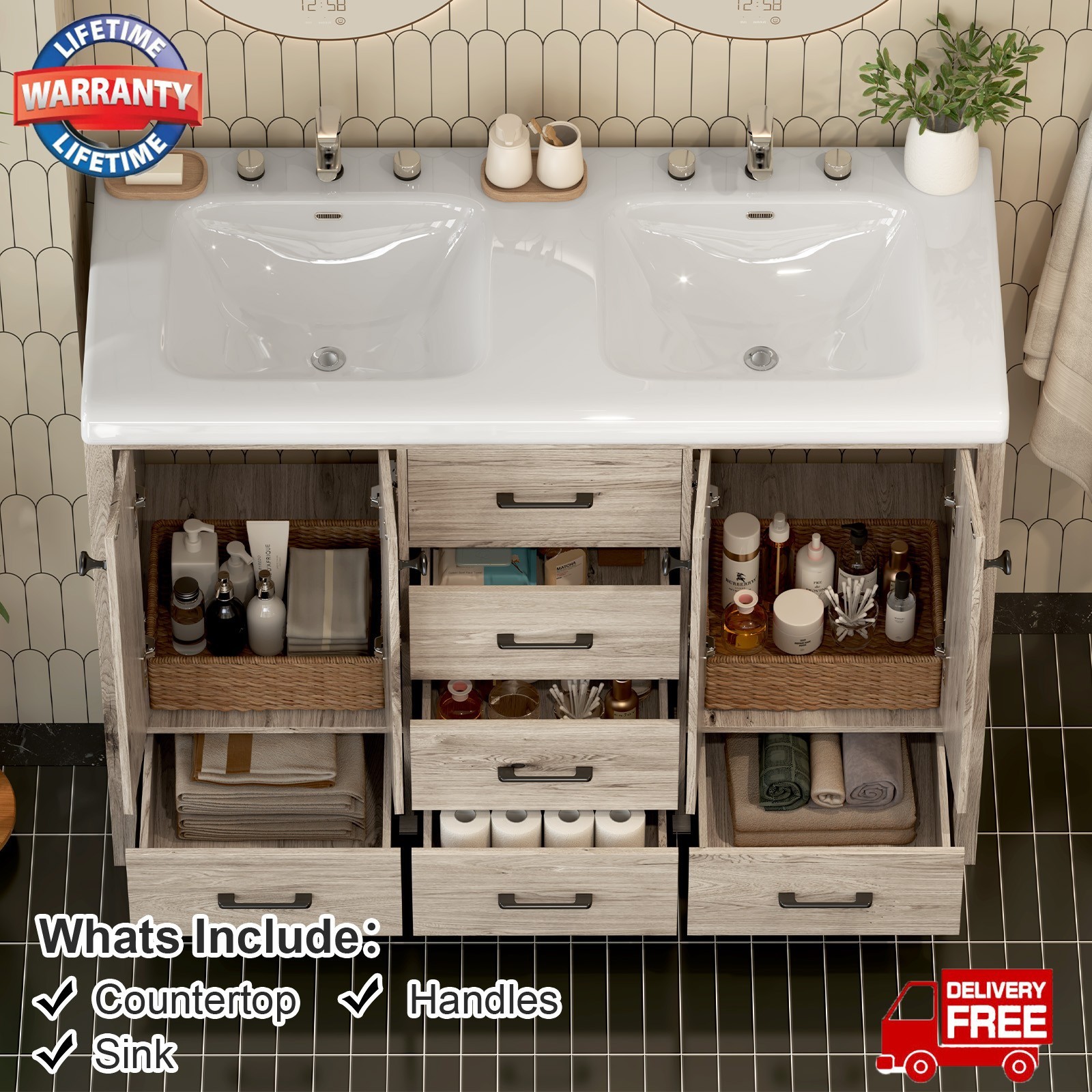 46.7″ Bathroom Vanity Double Sink Ceramic Freestanding Cabinet Wood Grain Modern