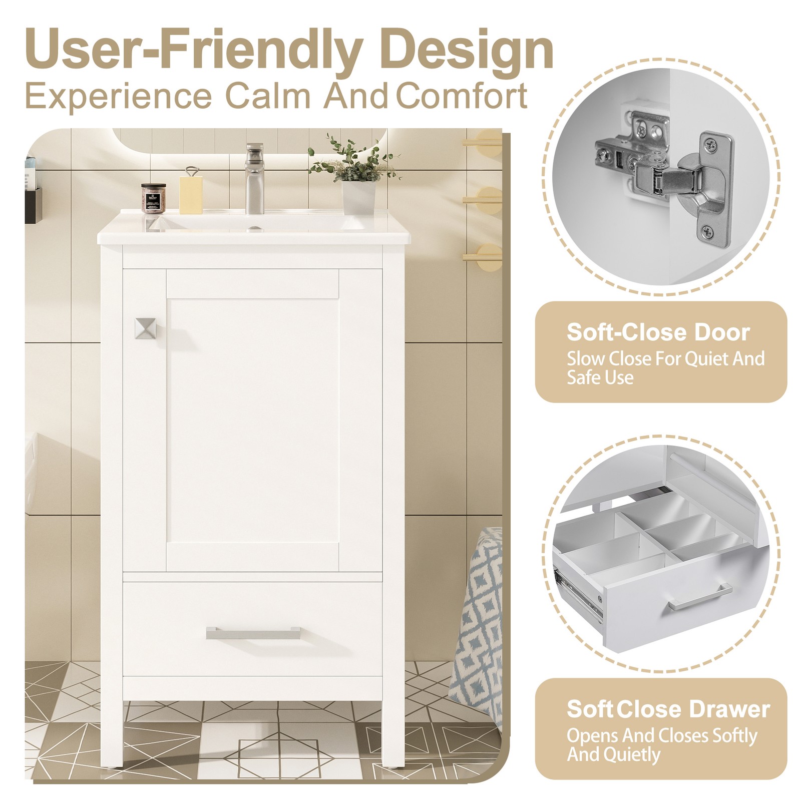 20-Inch Modern Bathroom Vanity with Ceramic Sink & Soft-Close Drawer