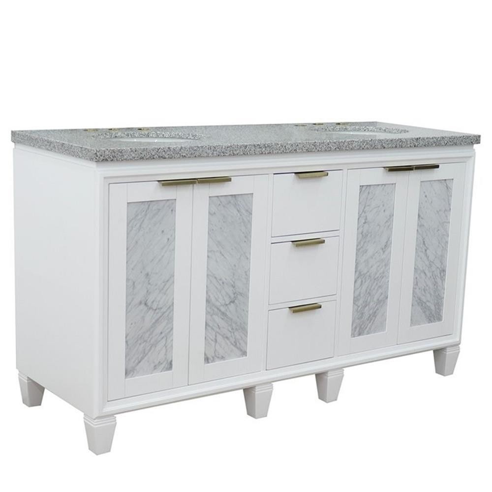 Trento 61″ Double Oval Sink Solid Wood Vanity in White/Gray Granite Stone