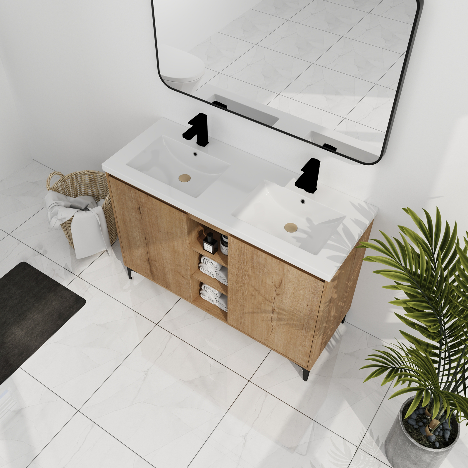 48inch Plywood Free Standing Bathroom Vanity With Double Sink W/ Shelf and Doors