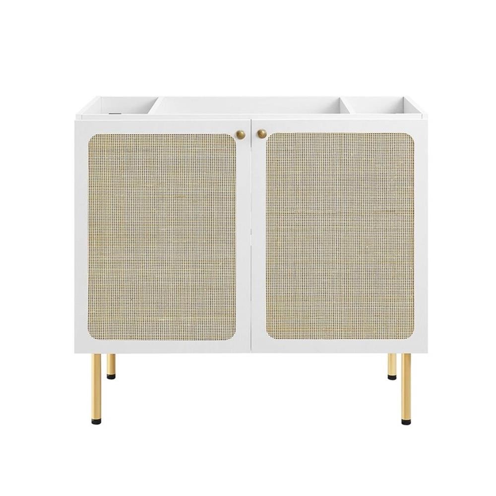 Pemberly Row 36″ Wood & Rattan Bathroom Vanity Cabinet in White