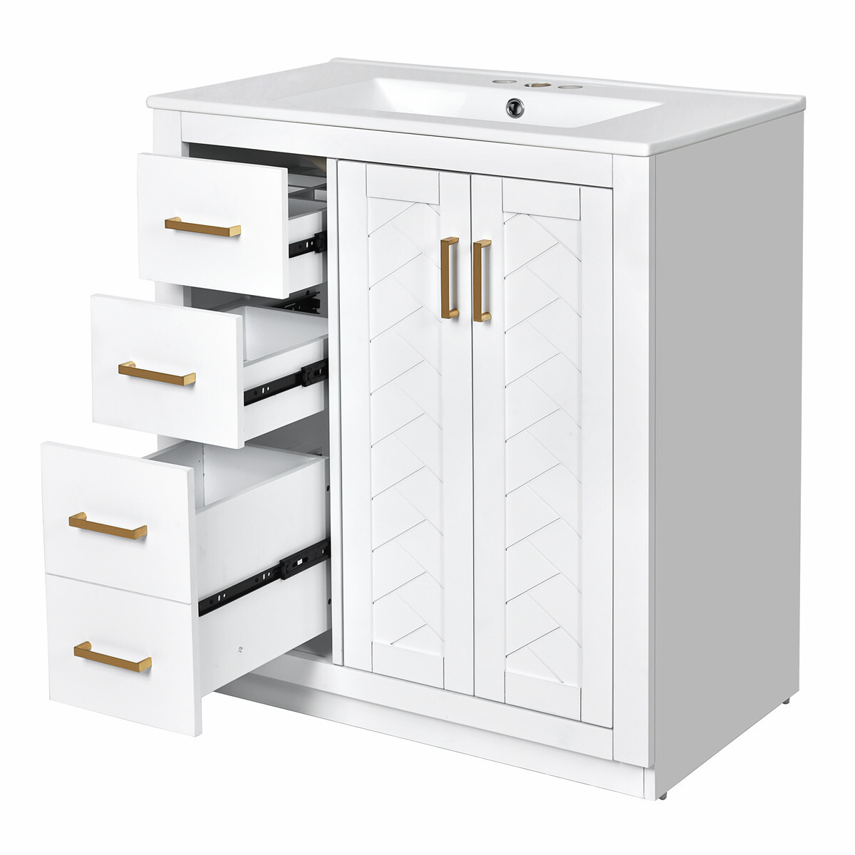 30″ Bathroom Vanity with Sink, Freestanding Vanity Cabinet, 2 Doors 3 Drawers