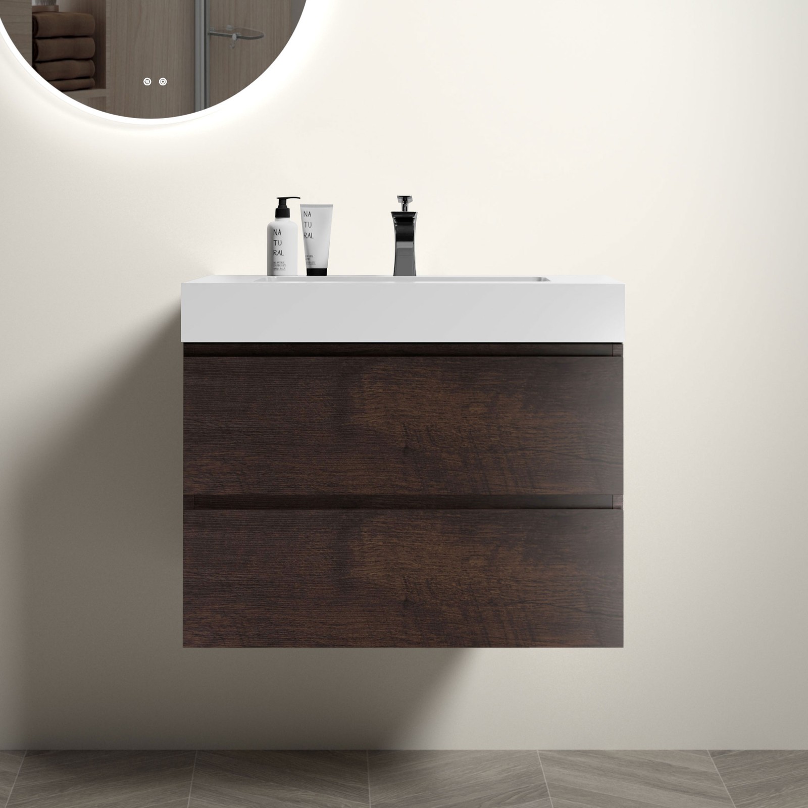 30″ Walnut Floating Bathroom Vanity with Sink & Triple Drawers