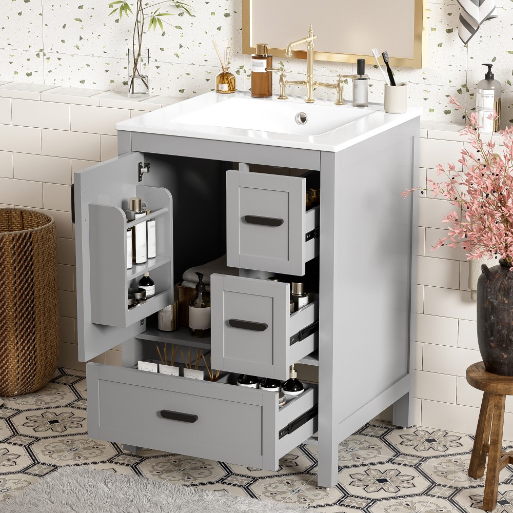 Bathroom vanity with sink Features double-door cabinet Includes three drawers