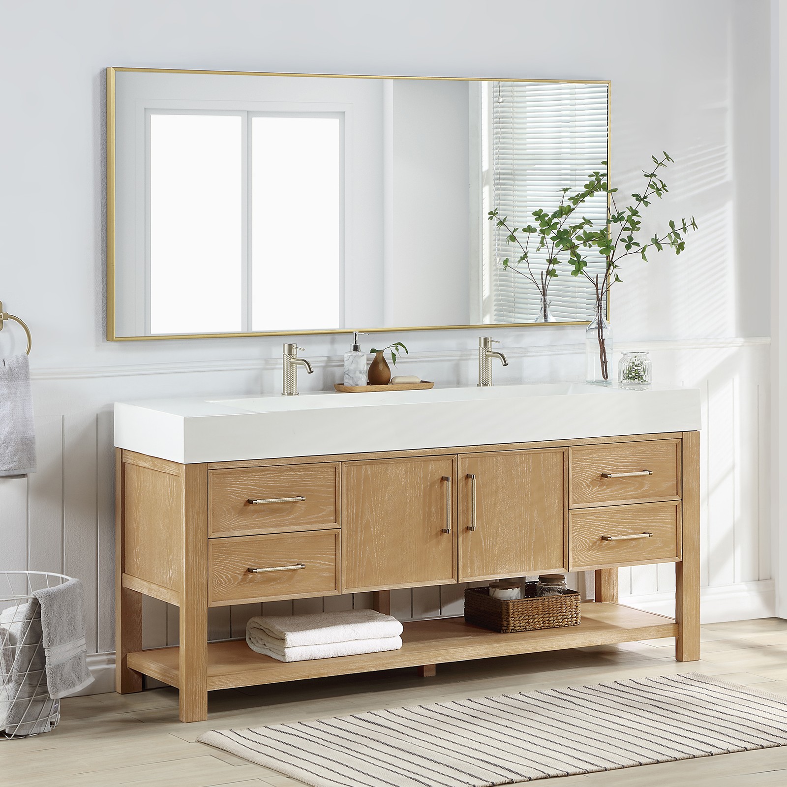 Vera 72″ Single Bath Vanity in Washed Ash Grey with White Integrated Stone Sink