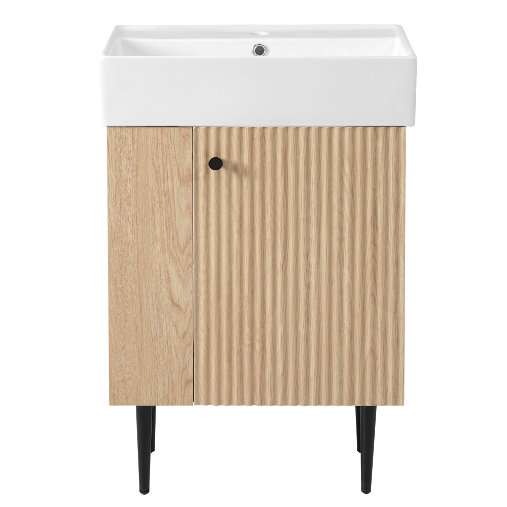 21.6″ Wood Bathroom Vanity，Ceramic Sink，Free-Standing Cabinet，Left Side Storage