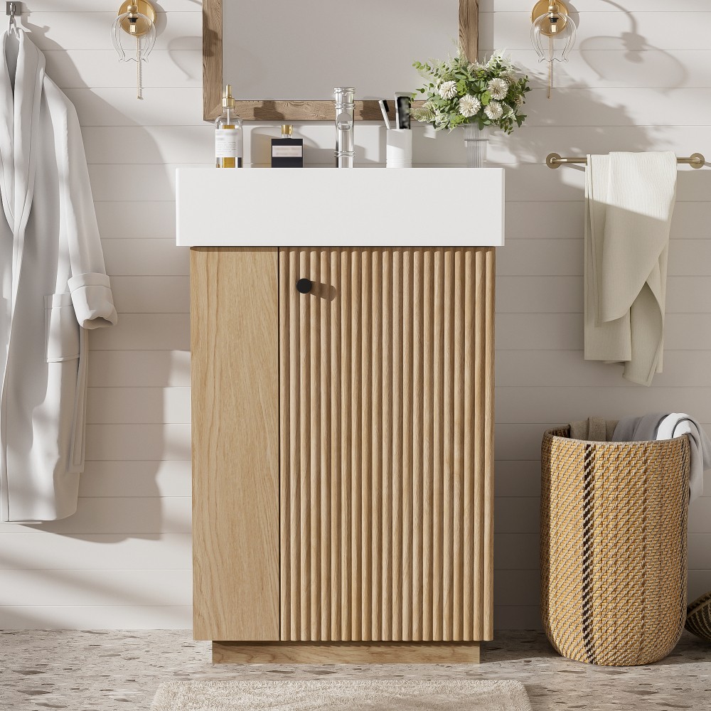 21.6″ Freestanding Bathroom Vanity w/Ceramic Sink, Wood Grain Cabinet,Storage