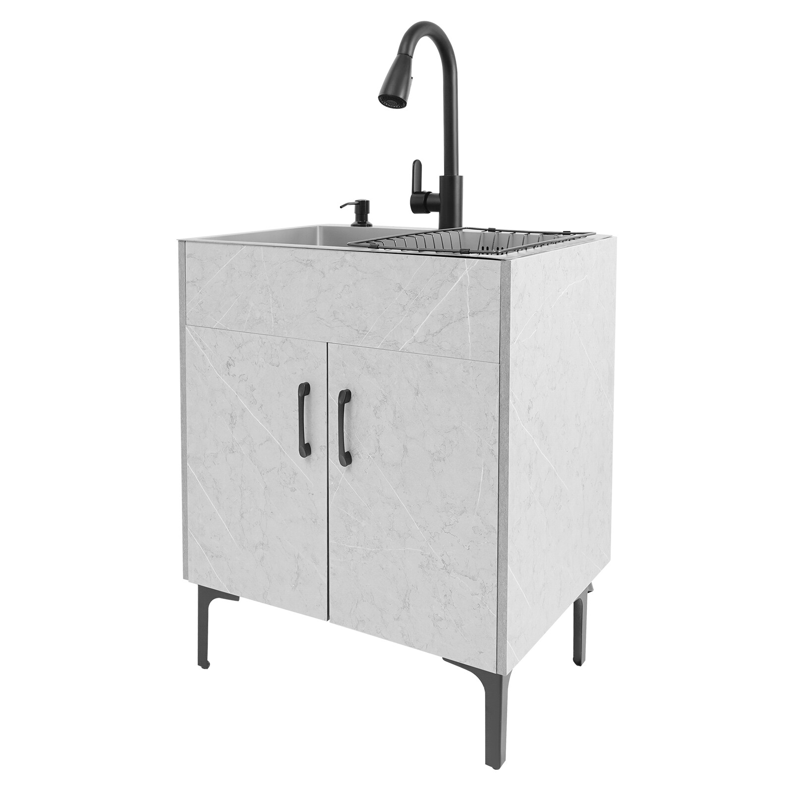 Grey Stainless Steel Sink & Freestanding Cabinet With Pull-Out Faucet