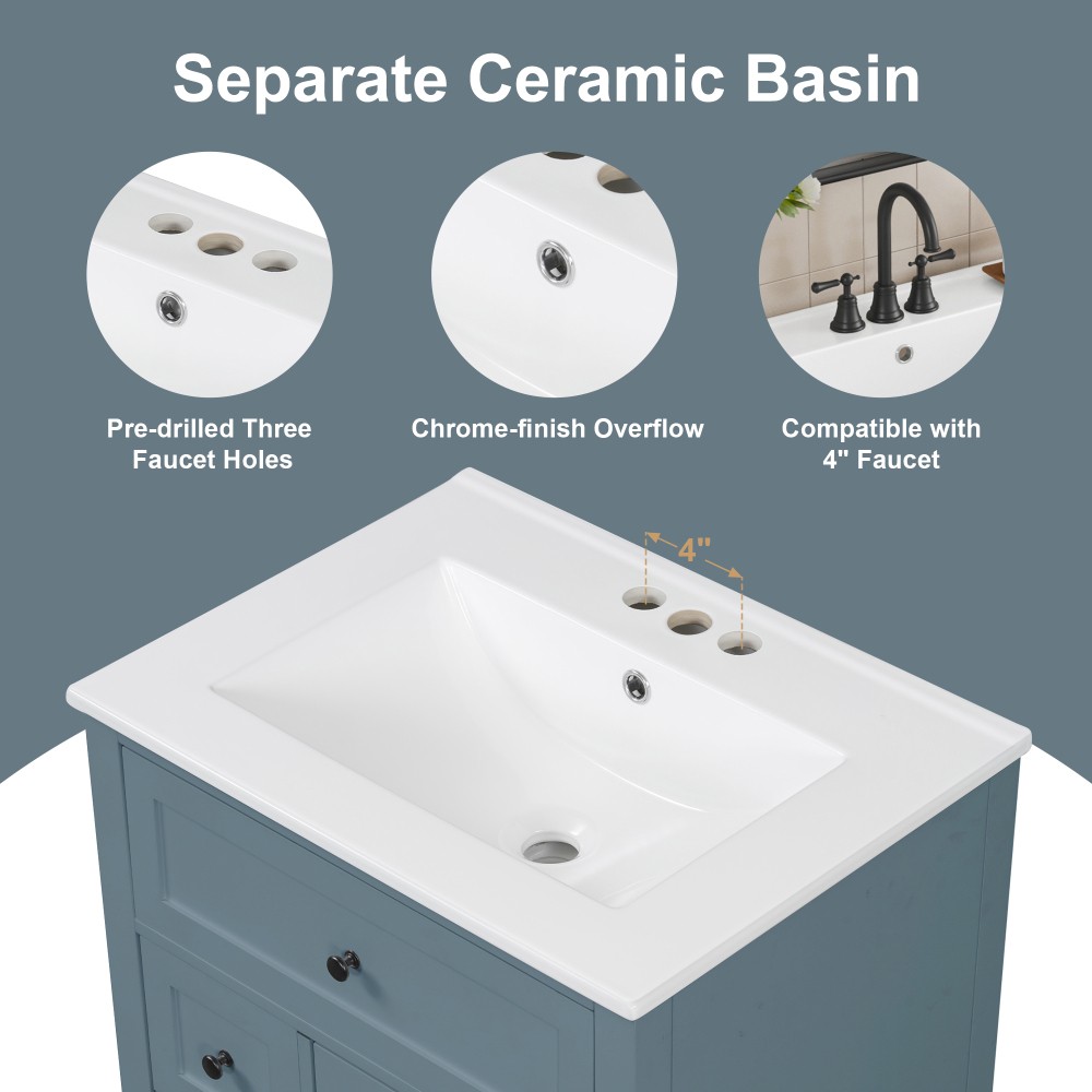 24 Inch Blue Gray Bathroom Vanity with Sink Solid Wood MDF Cabinet
