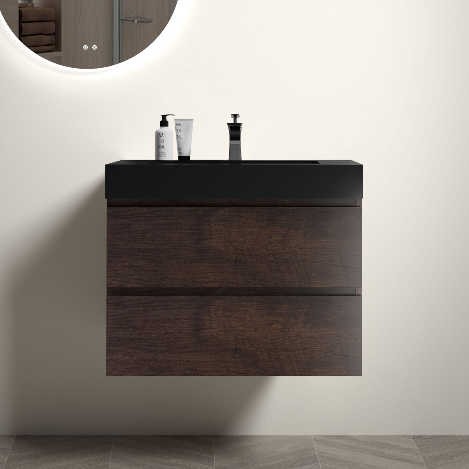 30″ Walnut Floating Bathroom Vanity with Black Sink, Triple Drawers