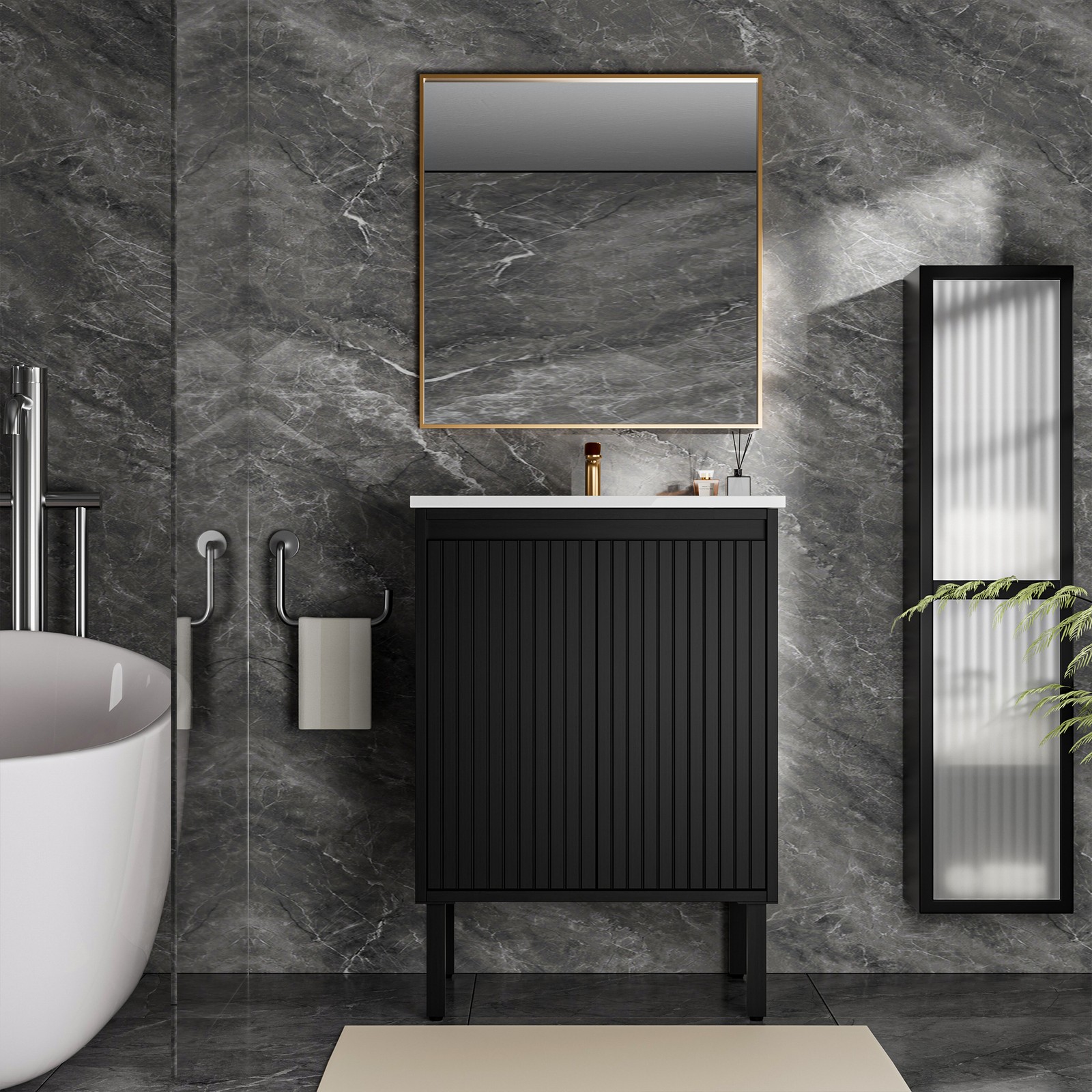 Bathroom Vanity w/Ceramic Sink,Modern Wood Storage Cabinet w/Soft Closing Door
