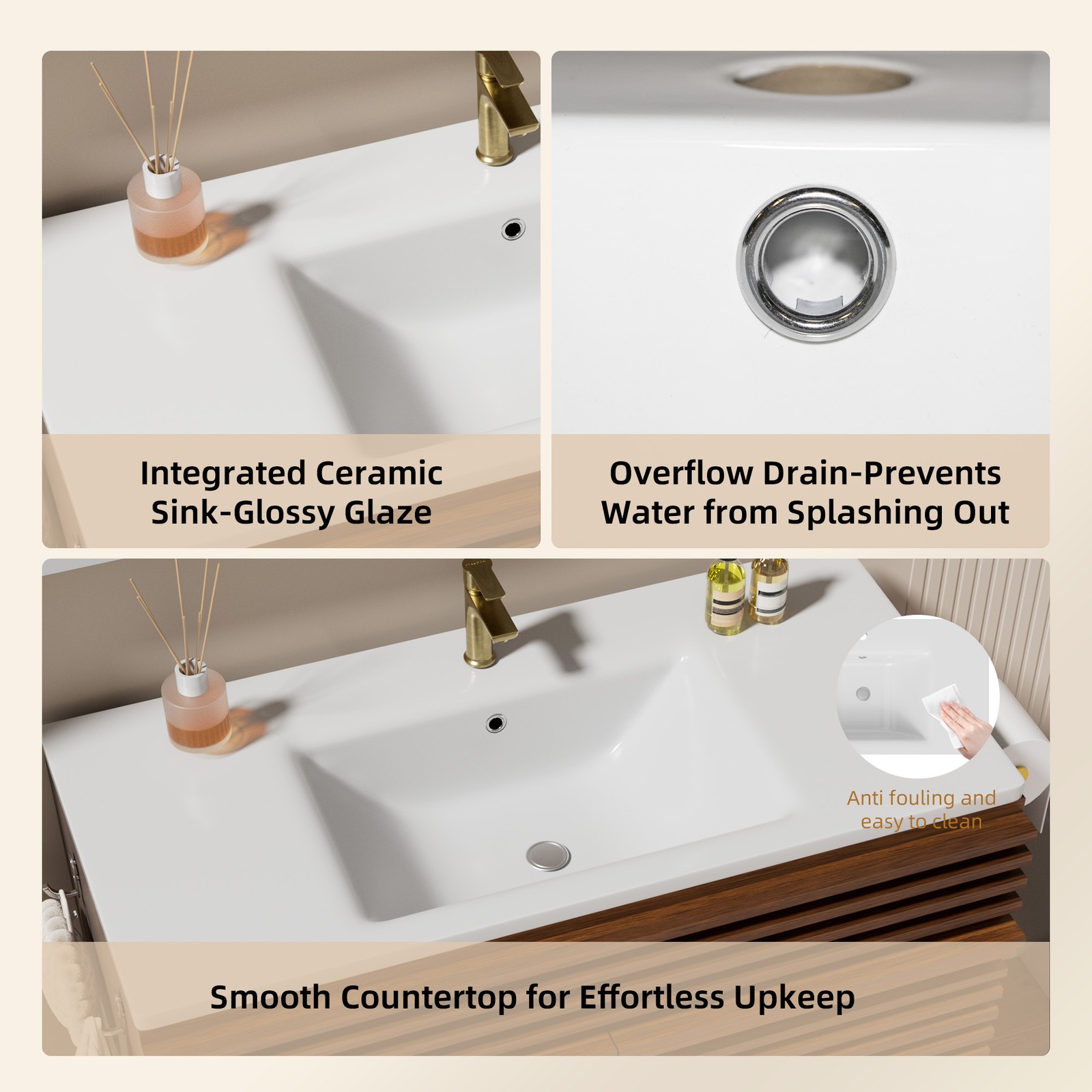 Modern 36″ Bathroom Vanity w/Sink Combo Wood Bathroom Cabinet Set Walnut White