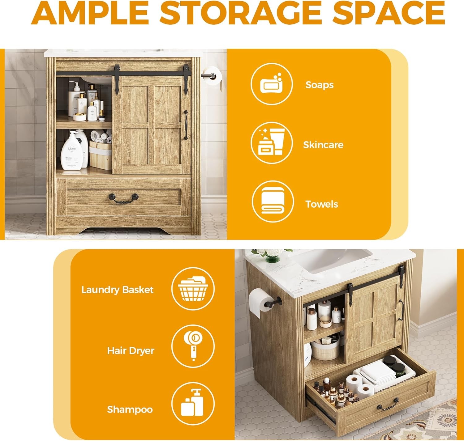 Bathroom Vanity with Sink, 30 Inch Bathroom Sink Cabinet with Drawers & Metal