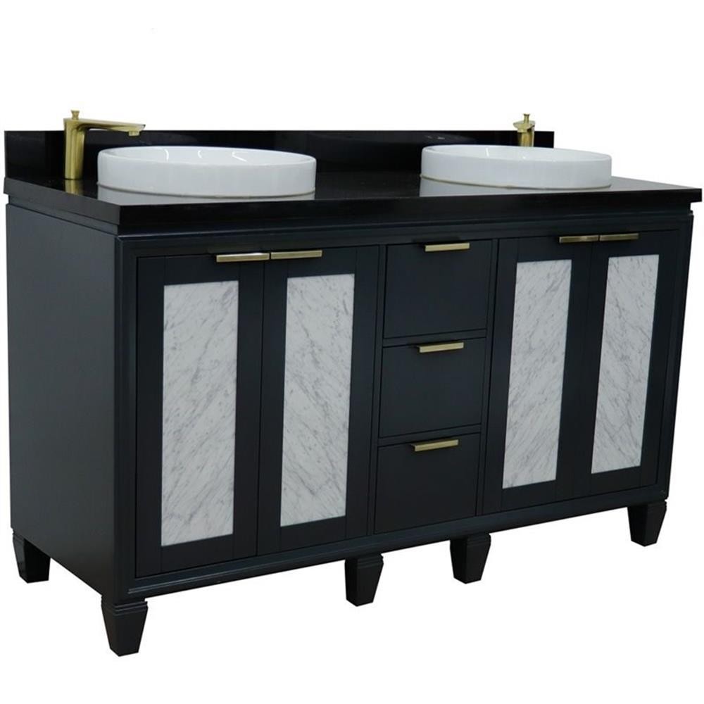 Pemberly Row 61″ Solid Wood Double Round Sink Vanity in Dark Gray/Black Galaxy