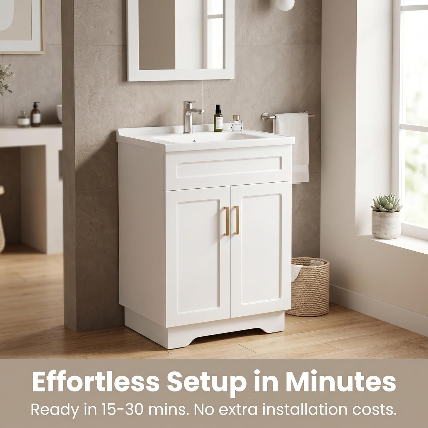 Bathroom Vanity with Ceramic Sink, Bathroom Vanity Cabinet with 2 Doors, 24 Inch