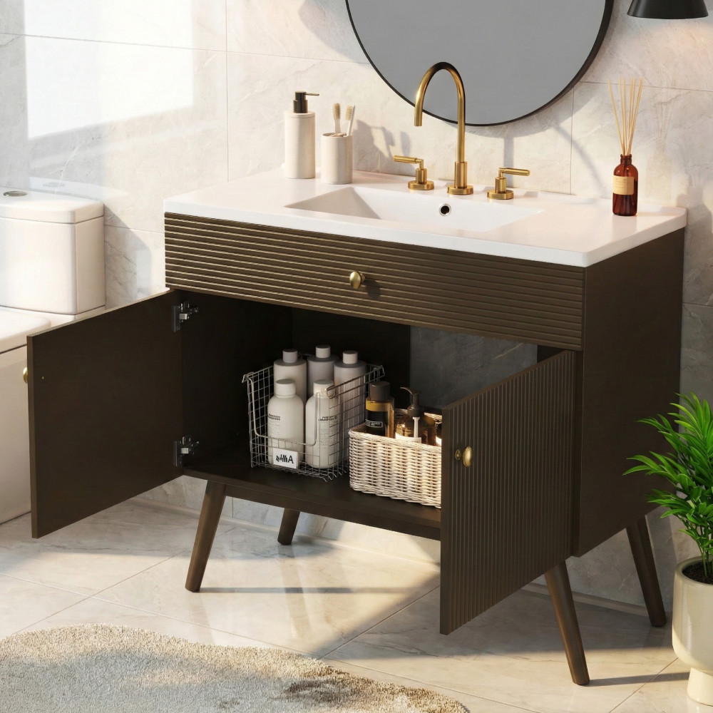 36″ Striped Bathroom Vanity,Soft-Close Dual-Door Storage &Premium Ceramic Sink
