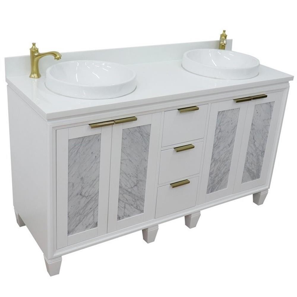 Pemberly Row 61″ Double Round Sink Solid Wood Vanity in White/White Quartz Stone