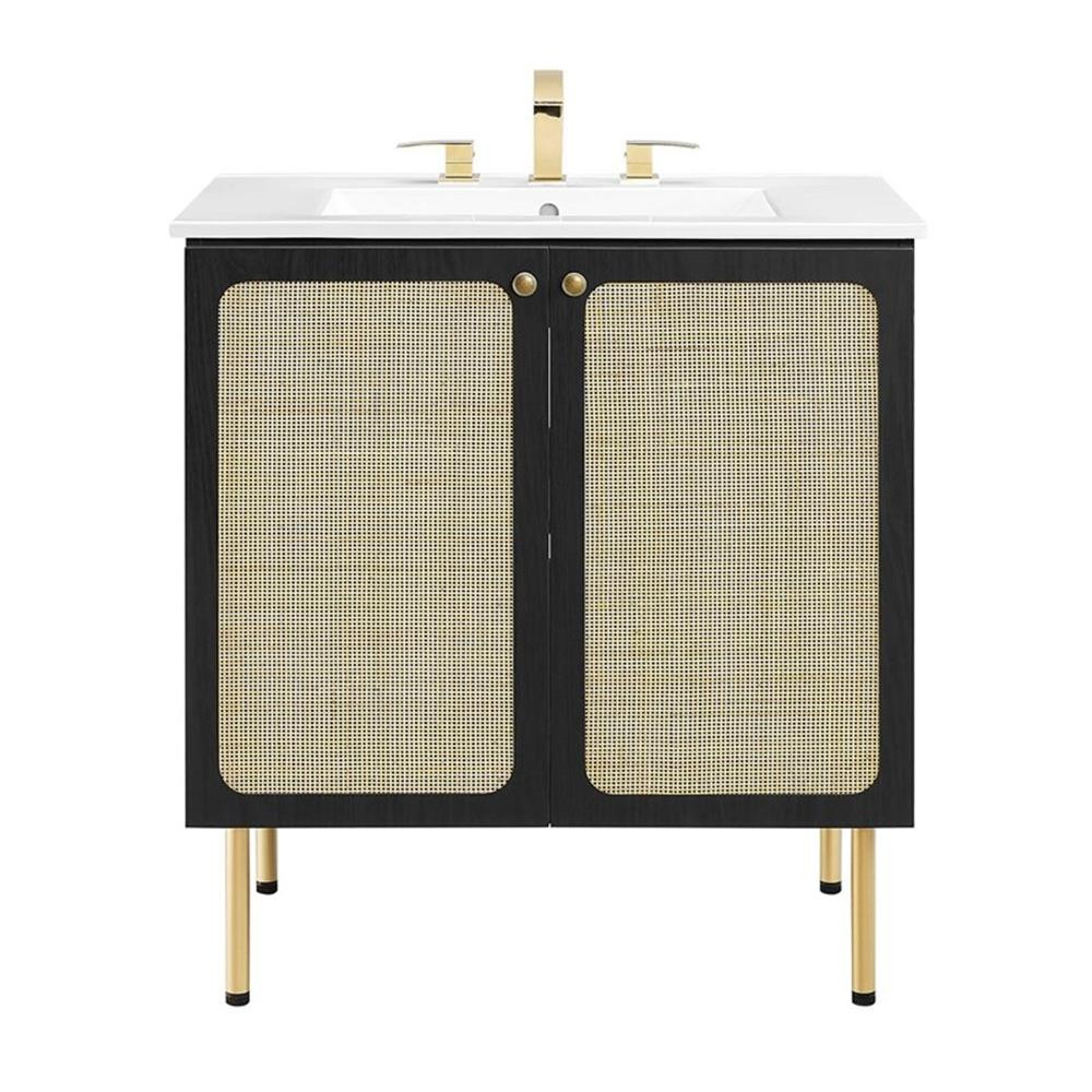 Modway Chaucer 30″ Wood & Rattan Bathroom Vanity in Black/White
