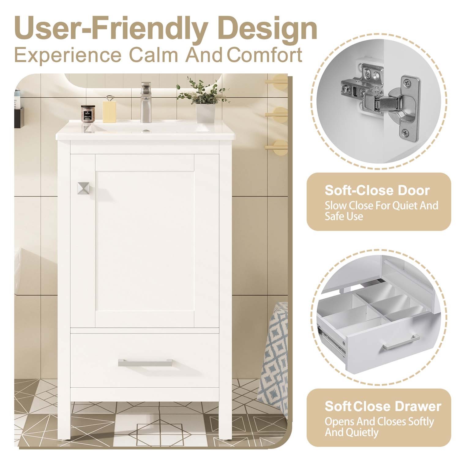 20″ Small Bathroom Vanity Ceramic Sink Combo Soft Close Storage Cabinet White