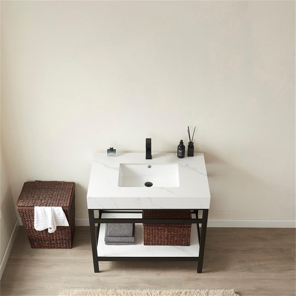 Funes 36″ Single Sink Bathroom Vanity in Matte Black Frame White Top No Mirror