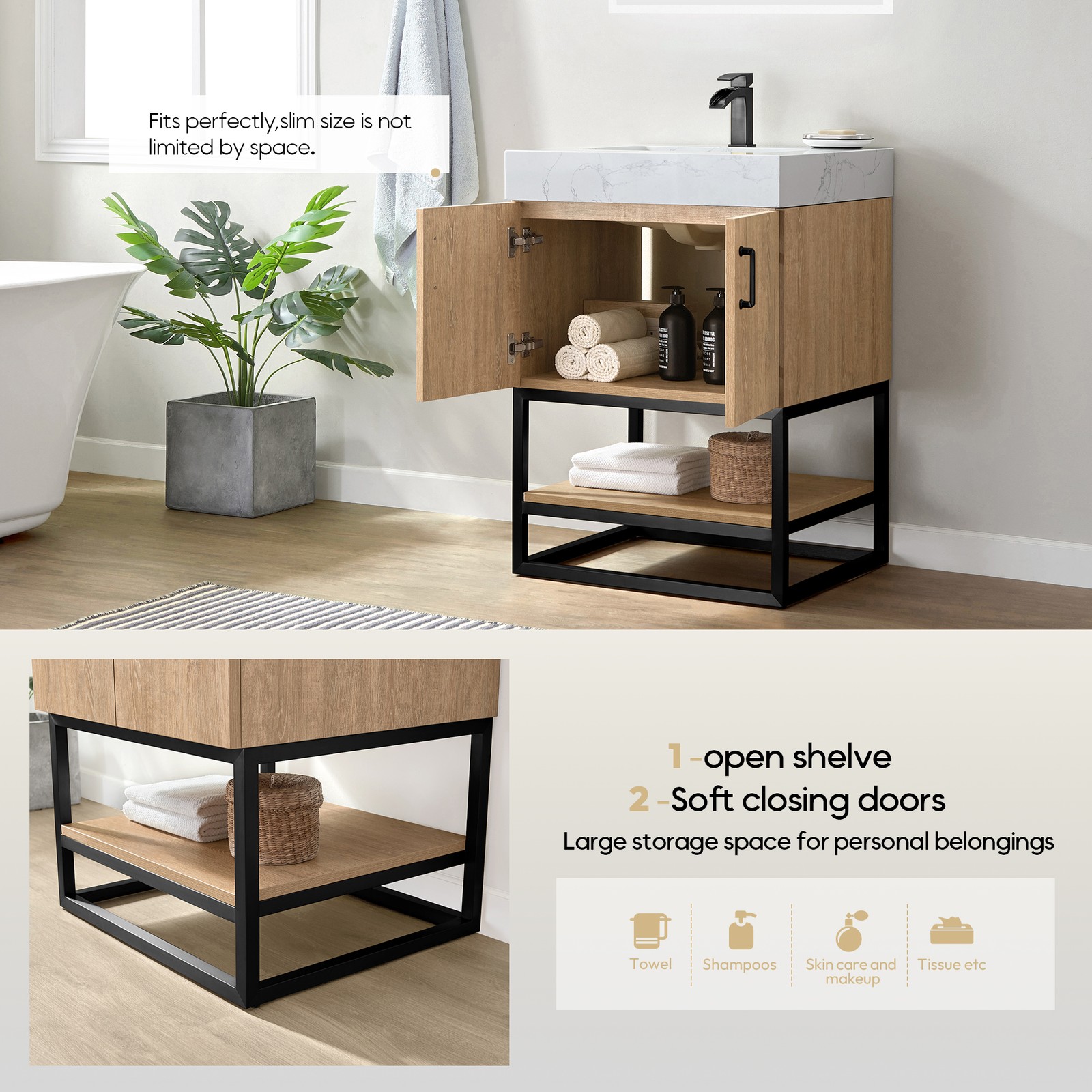 Vinnova Alistair 24″ White Stone Top Oak Single Vanity Black Frame w/o Mirror