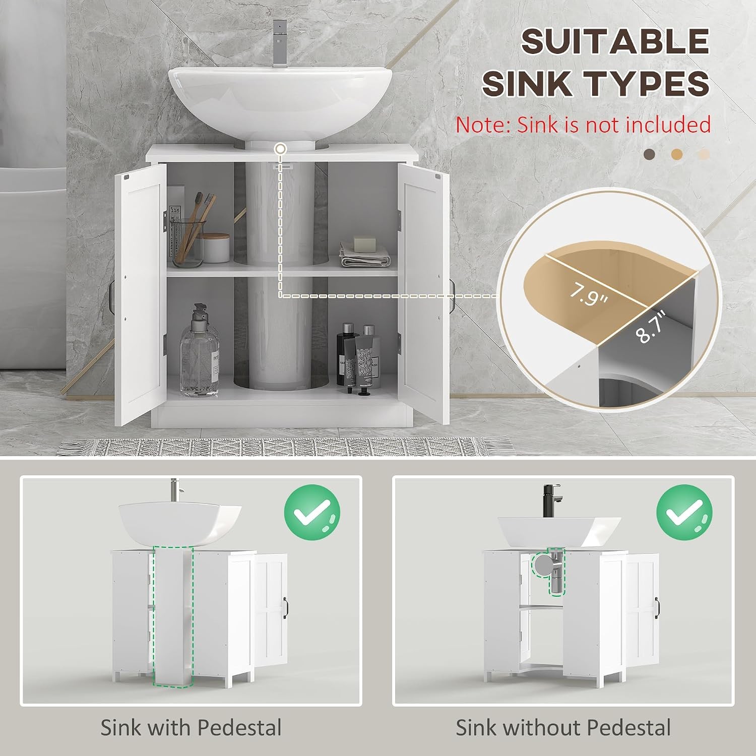 Pedestal Sink Storage Cabinet Under Sink Cabinet W/ 2 Doors & Adjustable Shelf