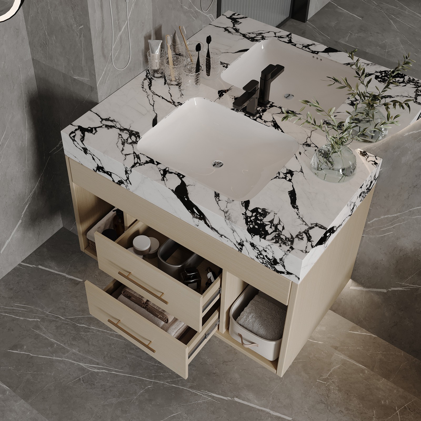 29.9″ Floating Bathroom Vanity with Sintered Stone Top & Ceramic Sink