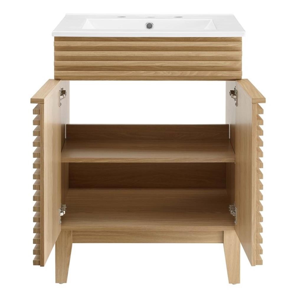 Maklaine Modern / Contemporary Wood Bathroom Vanity in Oak and White