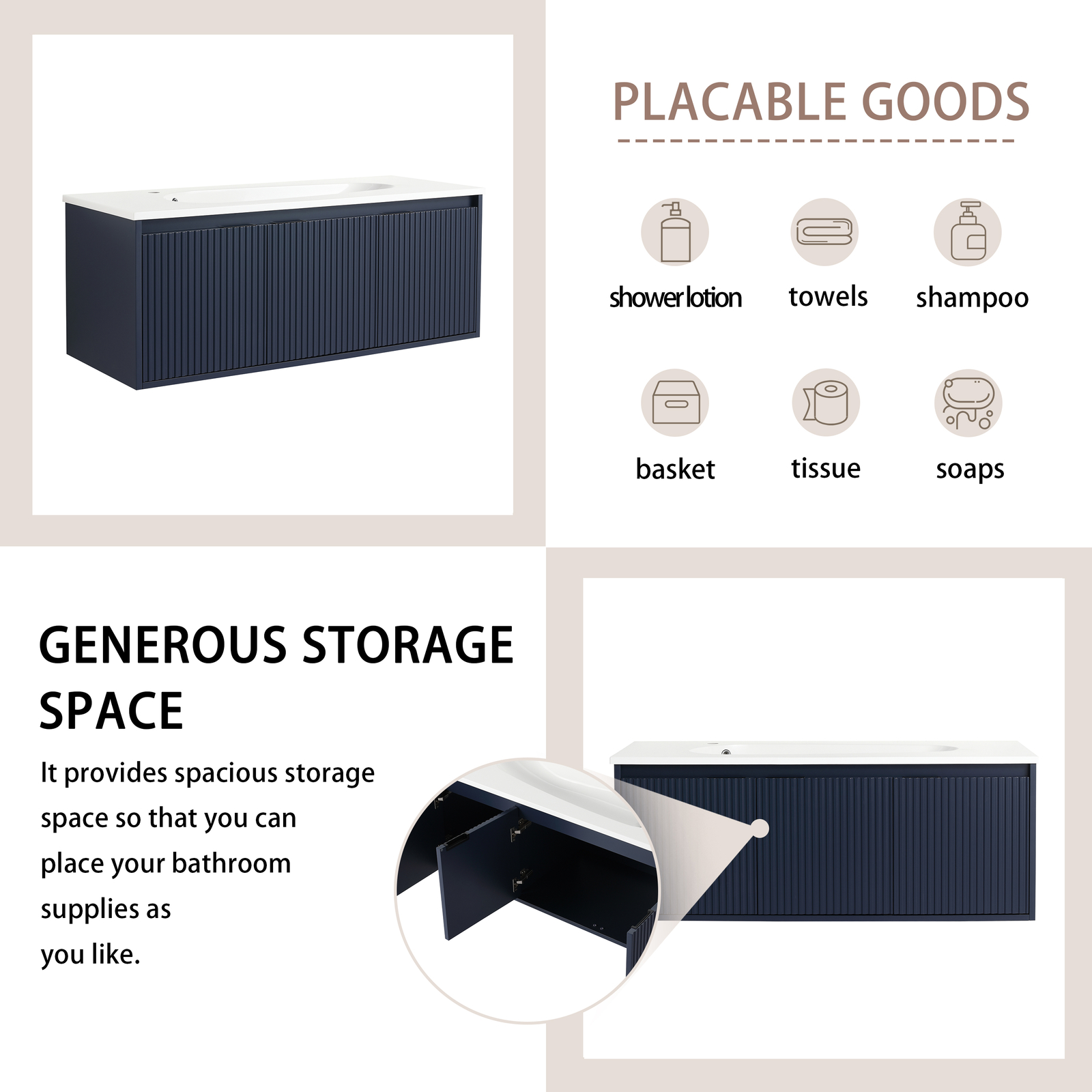 48″Plywood Bathroom Vanity Wall Mounted Cabinet Drop-Shaped Undermount Sink Navy