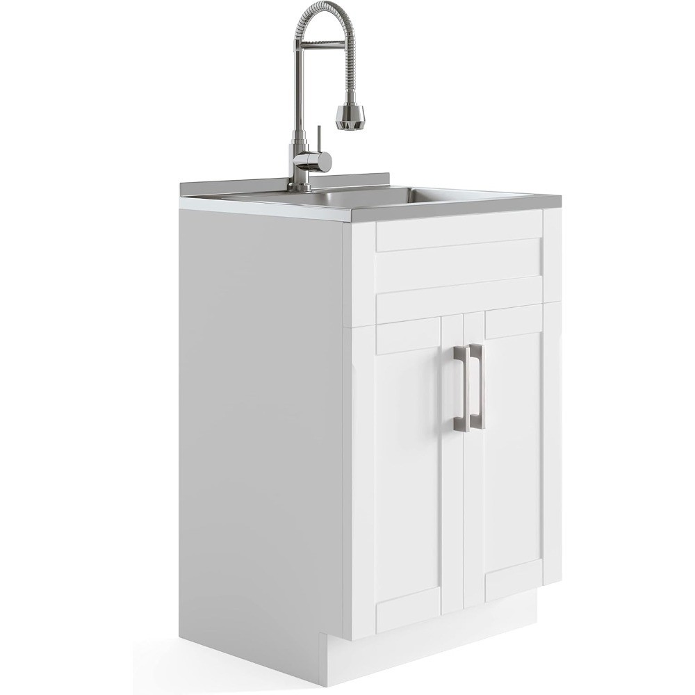Transitional Stainless Steel Utility Sink Cabinet with High-Arc Chrome Faucet 24
