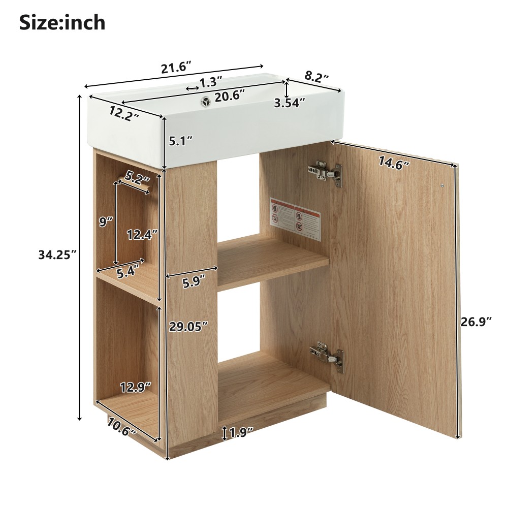 21.6″ Freestanding Bathroom Vanity w/Ceramic Sink, Wood Grain Cabinet,Storage
