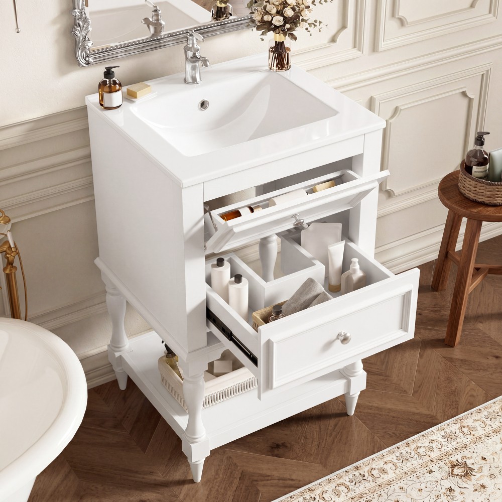 20” Retro Design Bathroom Vanity with Ceramic Sink, Open Shelf , 2 Drawers
