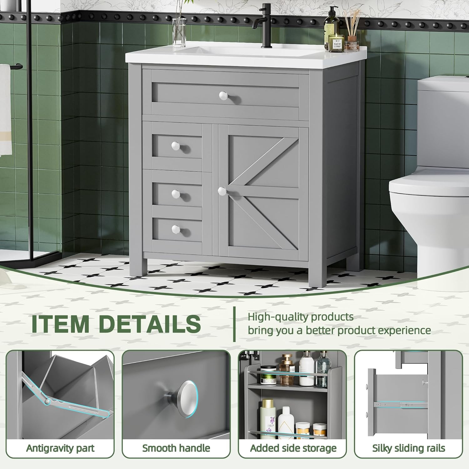 30” Grey Bathroom Vanity with Sink, Drawers & Metal Handles, Freestanding