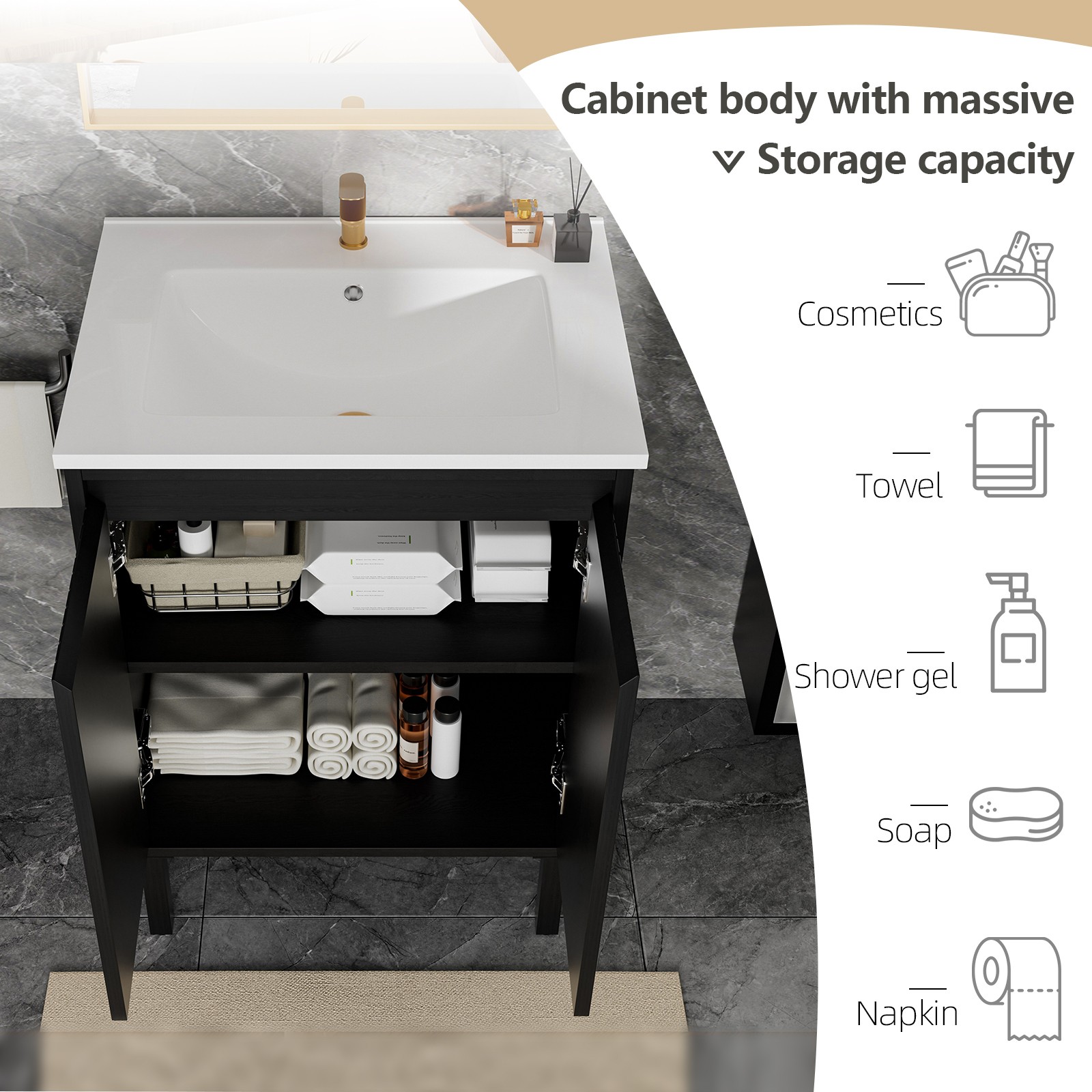 Bathroom Vanity w/Ceramic Sink,Modern Wood Storage Cabinet w/Soft Closing Door