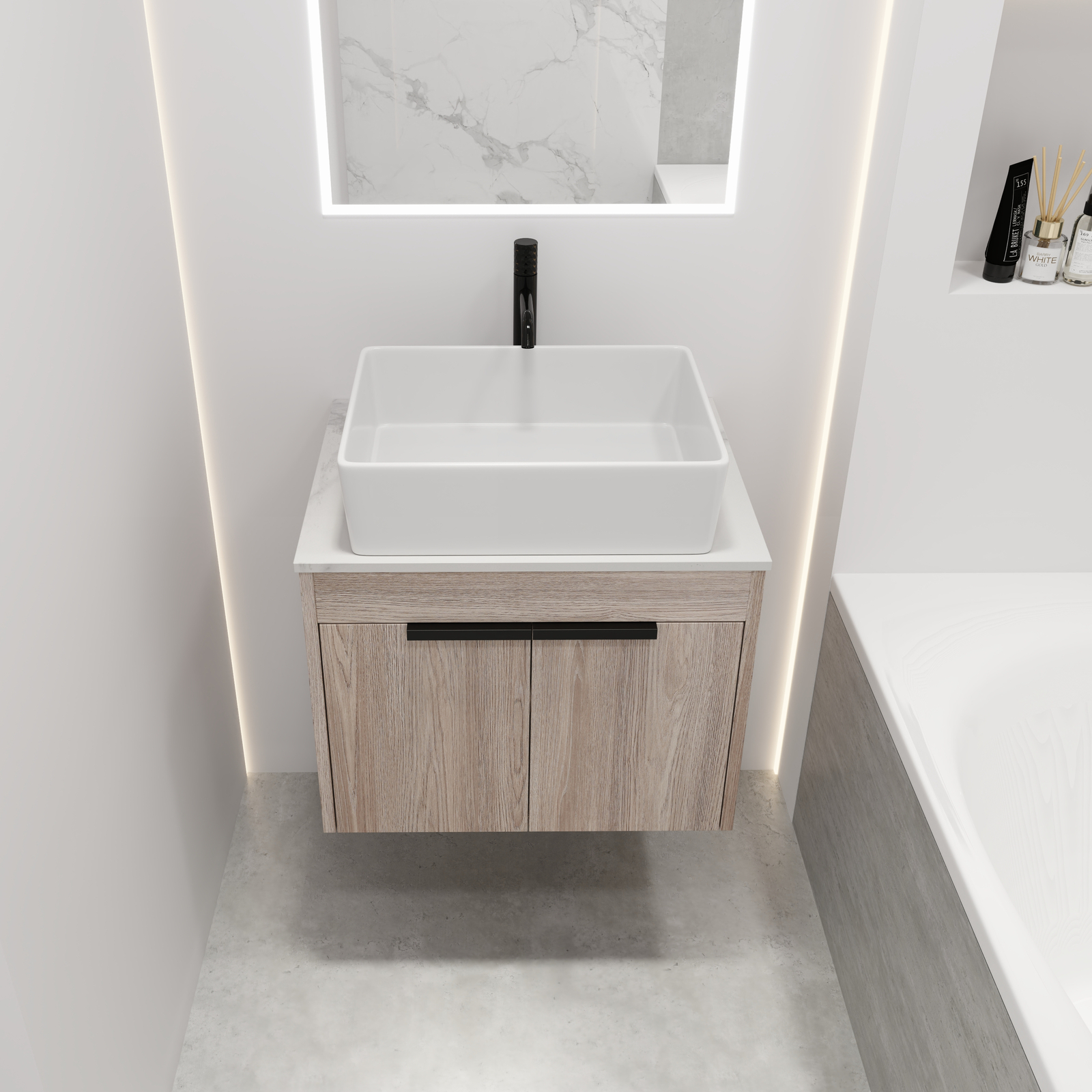 24″Modern Wood Floating Wall Mounted Bathroom Vanity +Ceramic Rectangular Basin