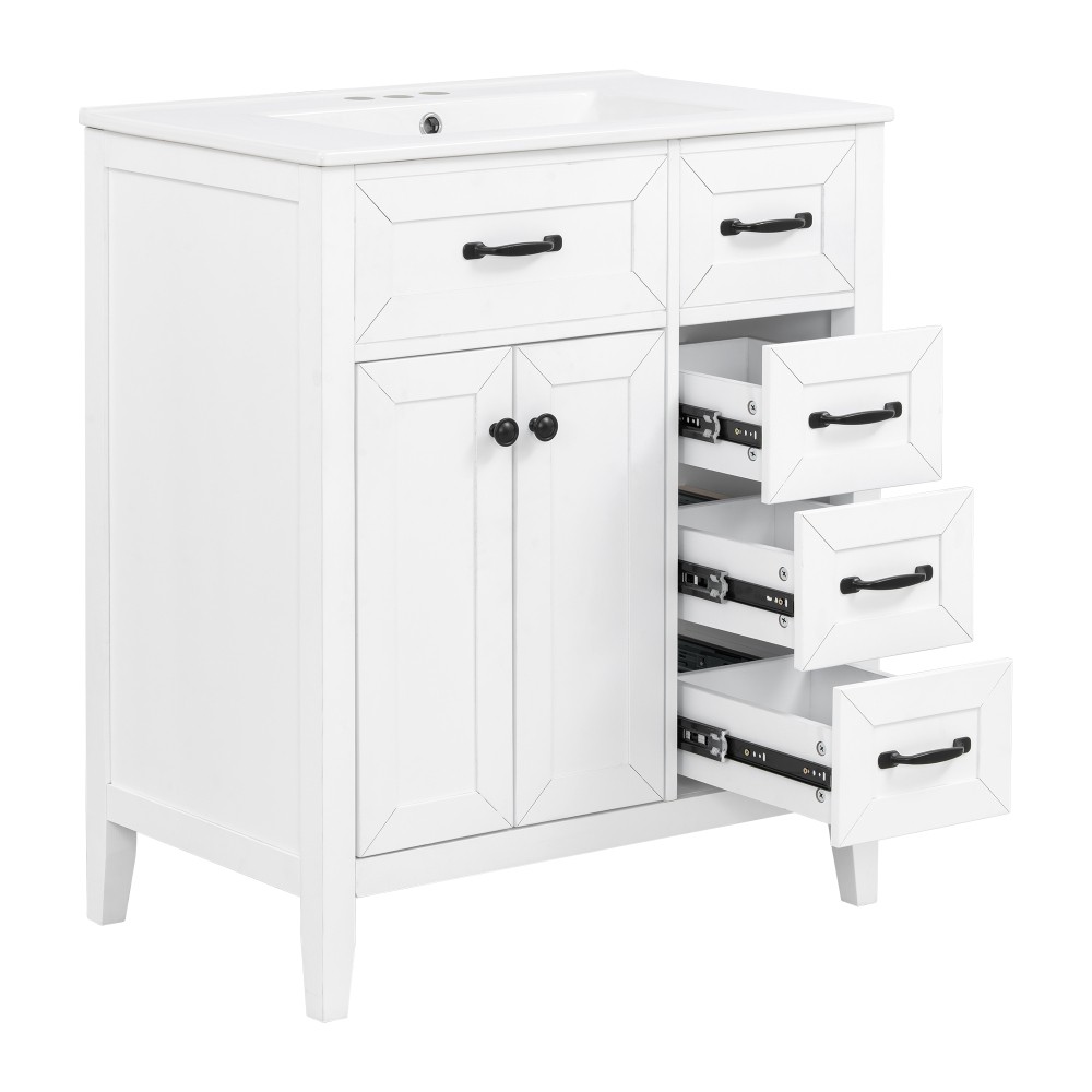 30″ White Bathroom Vanity with Ceramic Sink Freestanding Vanity with Black Metal